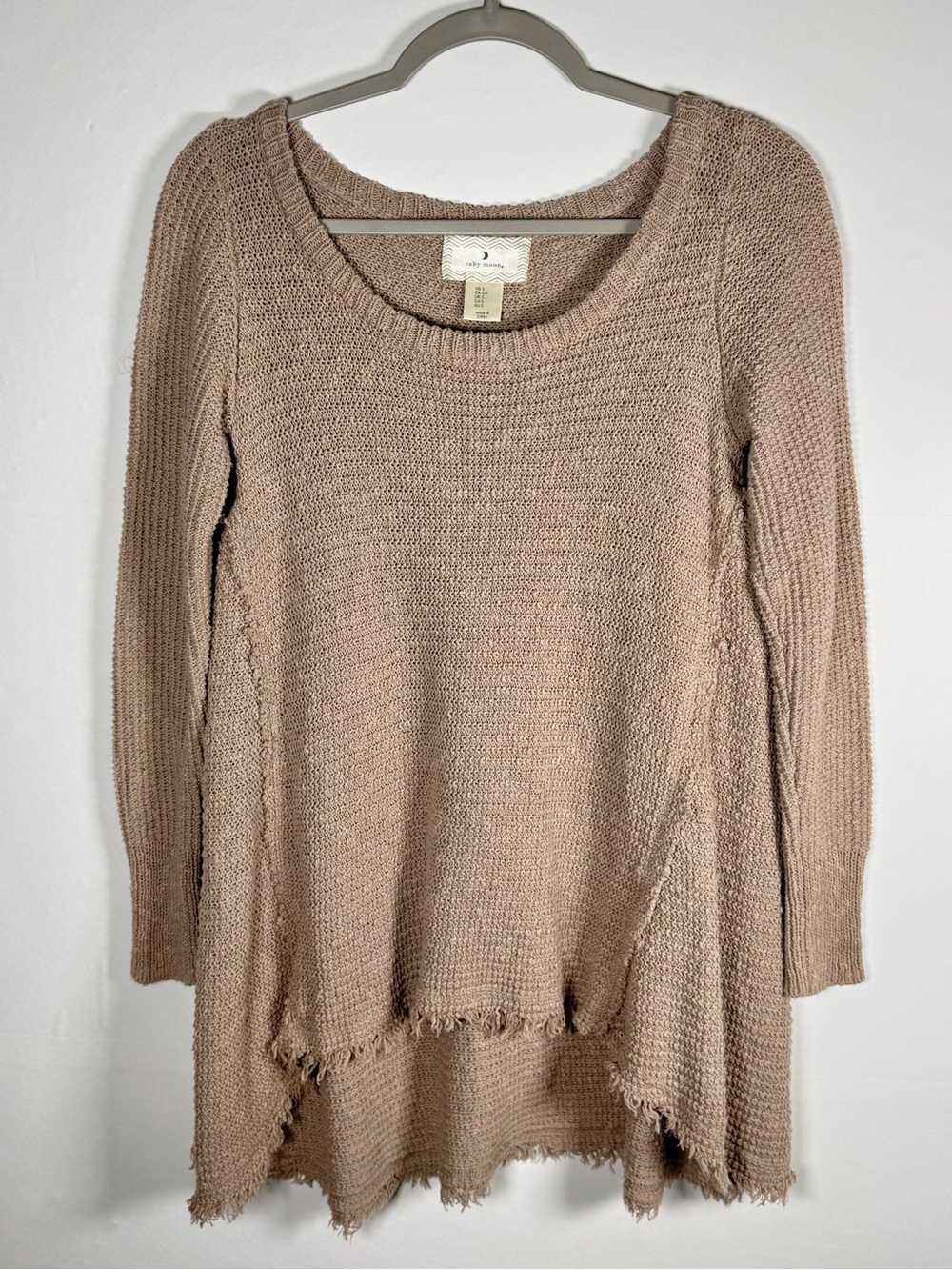 Ruby Moon Brown Knit Rough Hem 100% Cotton Tunic Scoop Neck Sweater Sz S
